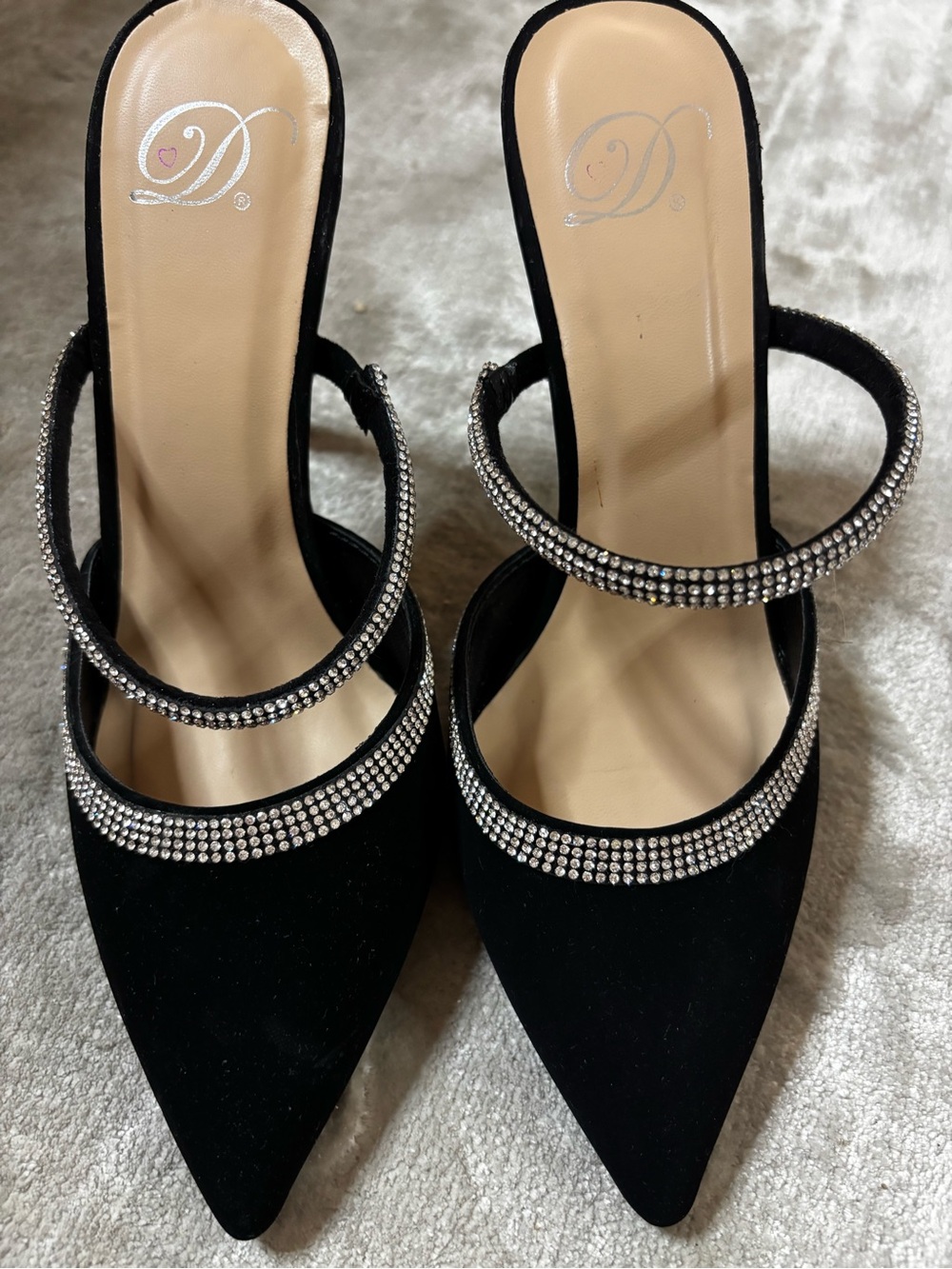 Delicious Black Rhinestone Double-Strap Pointed Mules